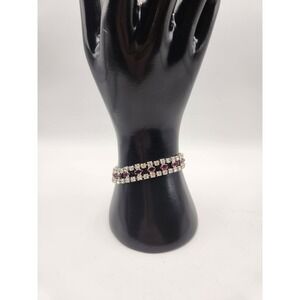 Vintage B David Ruby Red Clear Rhinestone Triple Strand Bracelet Silver Tone 7in
